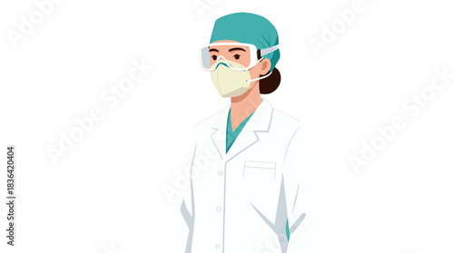 Female Doctor Wearing Protective Gear and Mask Vector Illustration