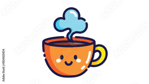 Cute cartoon coffee cup with steam and happy face illustration.