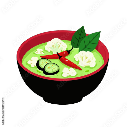 Flat Design Green Soup with Cauliflower and Chili Illustration