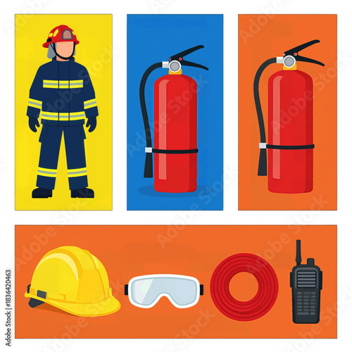Firefighter Safety Equipment Flat Design Illustration
