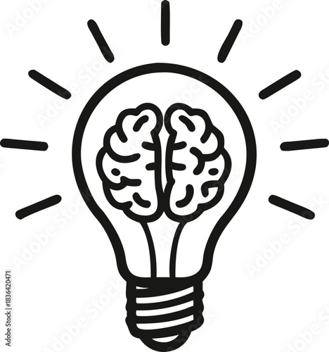 Line art presents a brainshaped element illuminated within the iconic lightbulb symbol on a white background