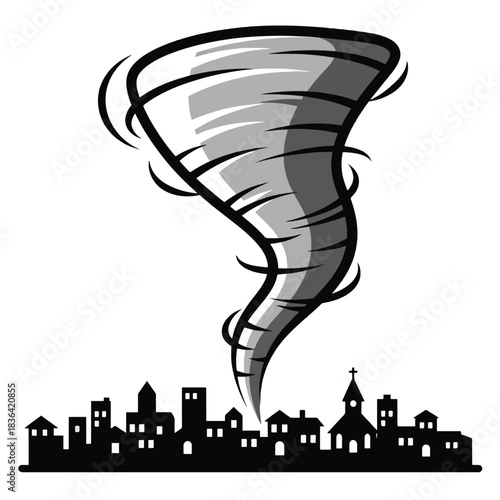 A stylized illustration of a powerful tornado descending upon a silhouetted cityscape.