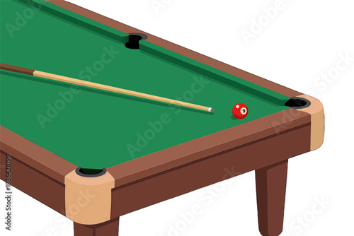 Green Billiard Table With Pool Cue and Red Ball