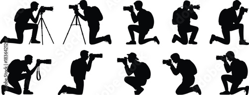 Professional Photographer Silhouette Vector Set, Capturing Dynamic Poses of Men and Women Kneeling, Shooting with DSLR Cameras, Tripods, and Backpacks for Travel.