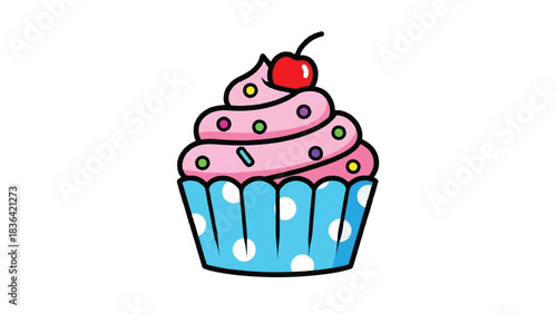 A delightful pink frosted cupcake with colorful sprinkles and a cherry on top.