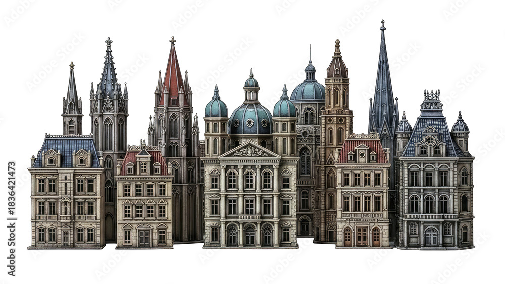 Fototapeta premium Detailed Architectural Buildings on White Background