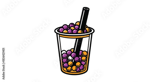 Delicious bubble tea drink with colorful tapioca pearls and straw.