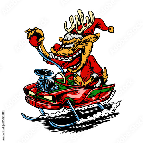 rat fink style vector santa in retro reindeer shape in christmas