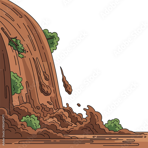 Illustration of a mudslide cascading down a steep slope with trees and debris.