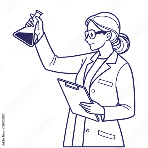 Outline drawing shows woman scientist examining a flask while holding a clipboard