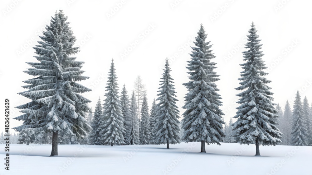 Fototapeta premium Snow covered evergreen trees in a winter forest landscape