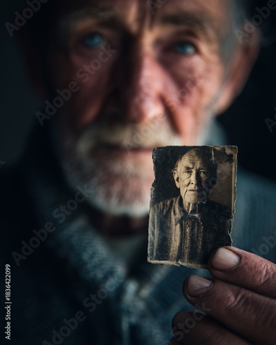 Conceptual image of an elderly man holding a worn photograph of his younger self, contemplating the passage of time with a poignant expression, captured with dramatic lighting and detailed textures.