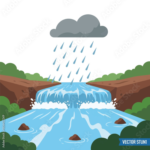 A beautiful waterfall cascades down a rocky cliff face under a stormy cloud releasing heavy rainfall, surrounded by lush green foliage.