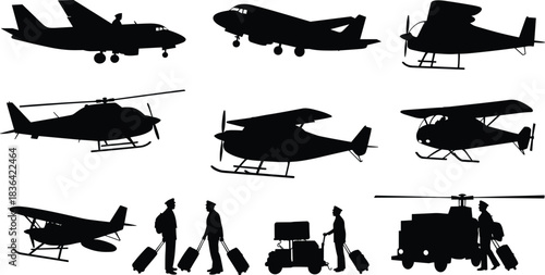 Black silhouettes of diverse airplanes, helicopters, pilots, and ground crew, vector set.