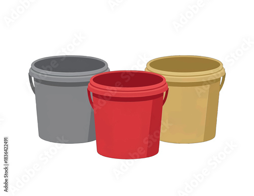 Plastic Paint Buckets Illustration in Yellow, Red, and Blue
