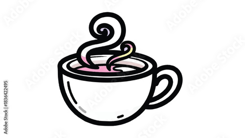 A simple line drawing of a steaming cup of hot beverage.