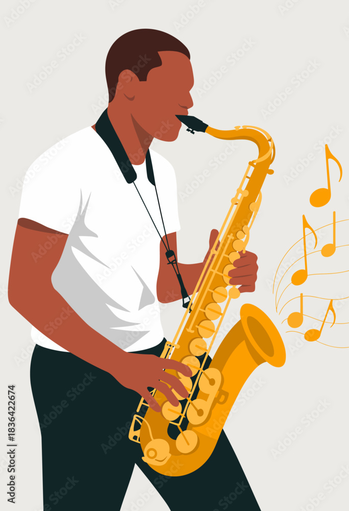 Fototapeta premium A skilled musician passionately plays a saxophone, surrounded by musical notes, illustrating the beauty and joy of music creation in an artistic and expressive manner.