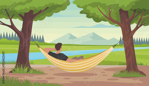 A serene landscape featuring a person lounging comfortably in a hammock, surrounded by lush greenery and breathtaking mountains, perfect for relaxation and tranquility.