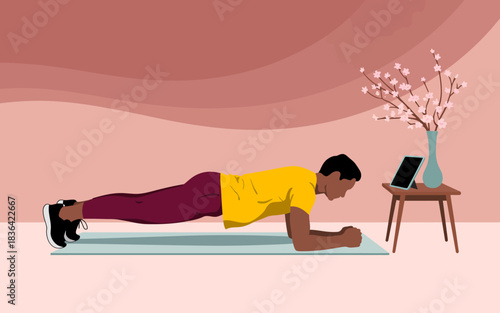 A determined man performing a plank exercise at home, showcasing fitness, strength, and dedication to health, in a calm, inspirational workout space.