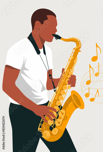 A skilled musician passionately plays a saxophone, surrounded by musical notes, illustrating the beauty and joy of music creation in an artistic and expressive manner.