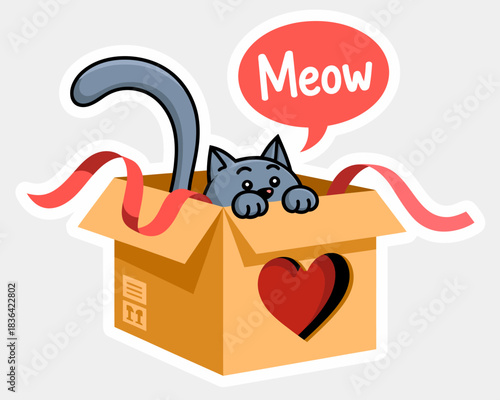 An adorable cat peeks out from a heart-themed box, whimsically expressing curiosity and charm, inviting viewers to experience warmth and affection in a playful setting.