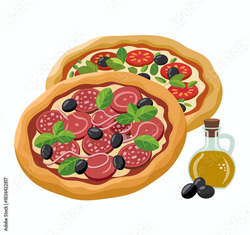An appetizing illustration of two pizzas topped with an array of fresh ingredients, embodying the joy of sharing food and celebrating culinary creativity in a colorful style.