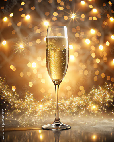 Warm champagne glow with floating sparkles and light flares, minimal festive border