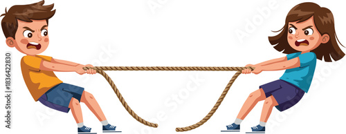 Boy versus girl tug-of-war struggle, isolated vector cartoon illustration, intense effort, competition concept.