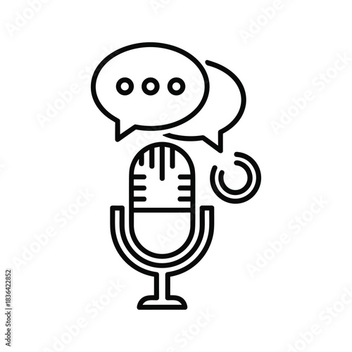 Microphone with Speech Bubbles and Broadcast Signal Line Icon for Live Audio Chat and Podcasting