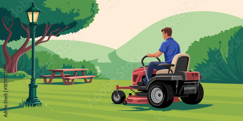 A serene park scene with a man mowing the grass using a riding lawn mower, showcasing a beautiful landscape with trees, a lamp post, and a picnic table.
