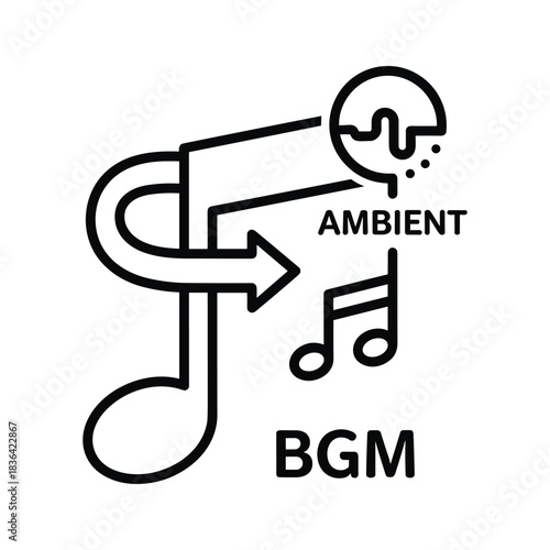 Ambient Background Music (BGM) Concept Icon with Flowing Musical Notes and Sound Wave