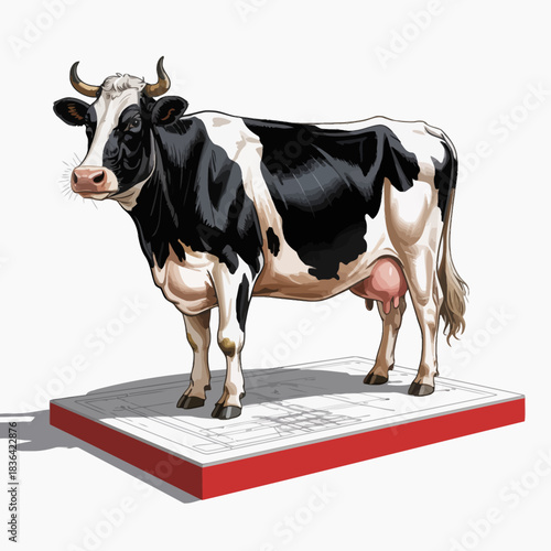 A stylized illustration of a black and white cow presented in a lively cartoon style, capturing the playful essence of farm life and livestock depictions.