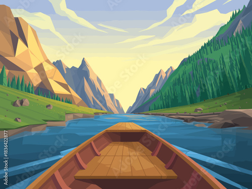 The stunning image captures a serene river flowing through majestic mountains, with trees and valleys surrounding the scene, inviting nature lovers to appreciate the beauty of landscapes.