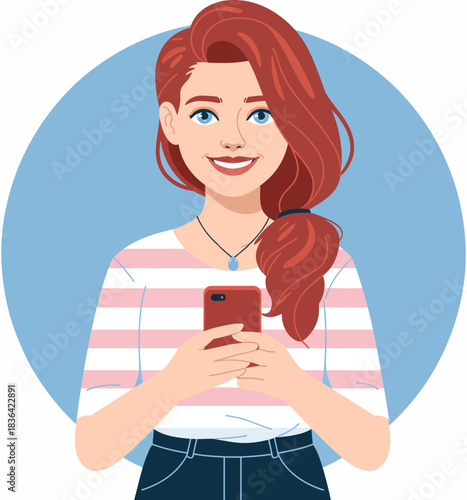 An illustration of a smiling young woman holding her smartphone, depicting the connection and engagement that mobile devices bring to daily life and social interactions.