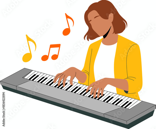 A female musician passionately plays a keyboard, surrounded by flowing music notes, reflecting creativity, emotion, and the universal language of music in an artistic atmosphere.