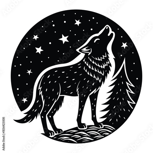 Wolf howling under starry night sky with moonlight