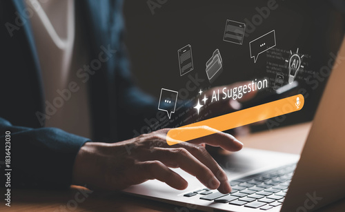 Business person using AI command with smartphone to create voice prompt for process automation without typing. Artificial intelligence for voice bot command AI suggestion technology.