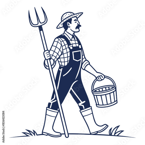 Line art shows middleaged Caucasian farmer walking with fork and bucket on grassy ground