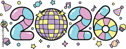Cheerful 2026 New Year Typography with Disco Ball, Sweets, and Party Elements in Cute Doodle Style