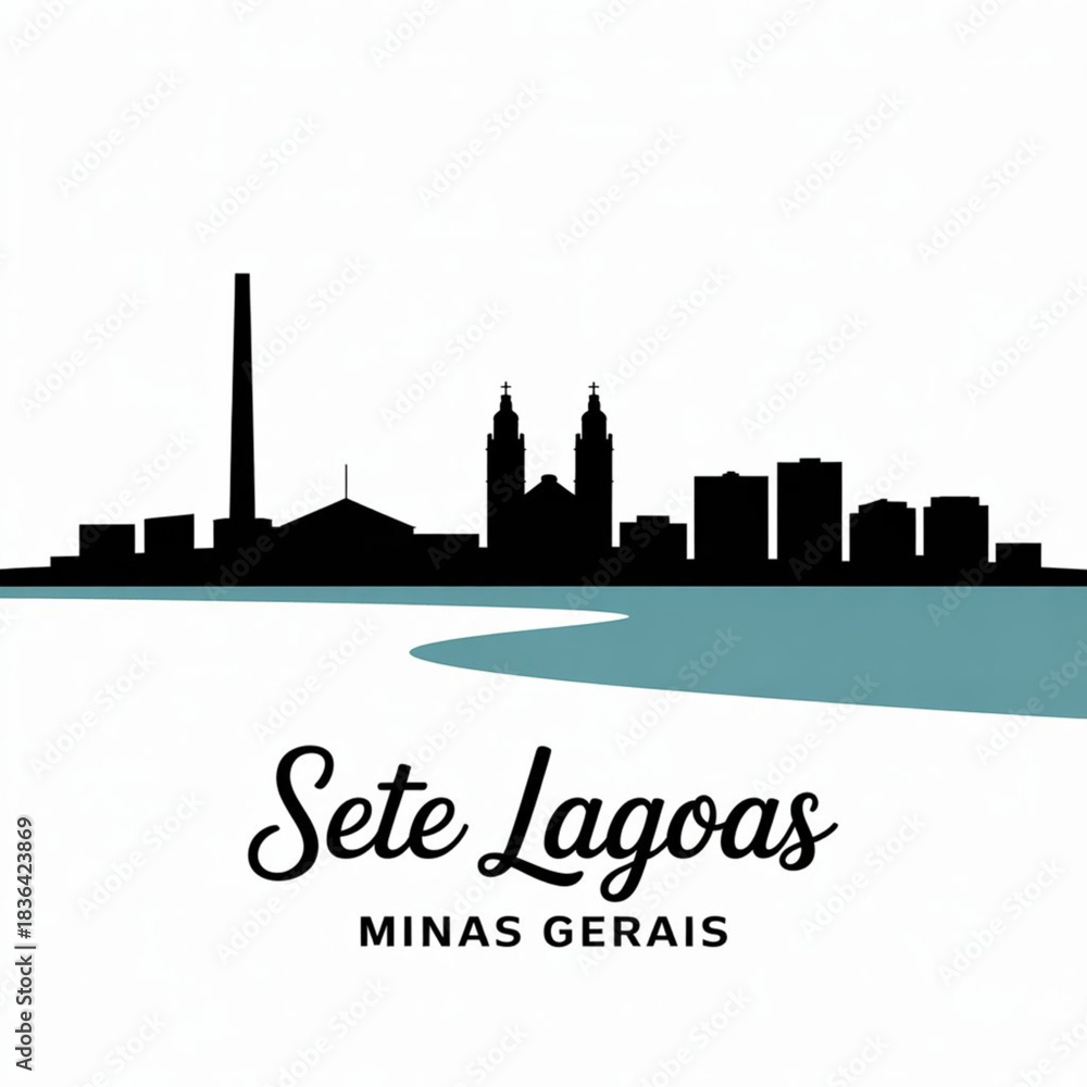 Fototapeta premium Sete Lagoas Skyline Silhouette — Historic Lake-City of Minas Gerais Brazil Vector Illustration