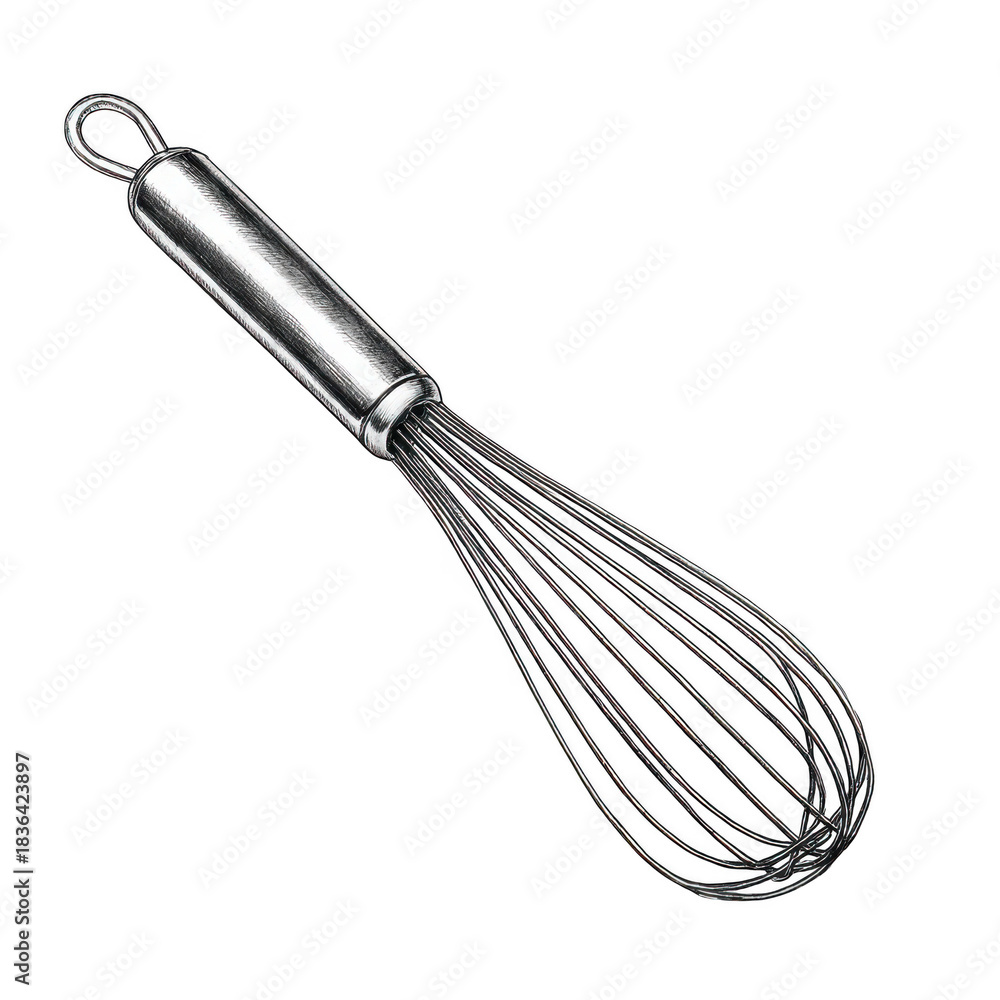 Fototapeta premium Stainless steel kitchen wire whisk utensil, silver metal cooking tool isolated on white