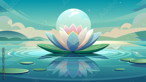 A minimalist zen-inspired illustration of a lotus flower floating gracefully on calm reflective water. Soft tones, botanical elegance, and serene atmosphere evoke peace, balance, and mindfulness