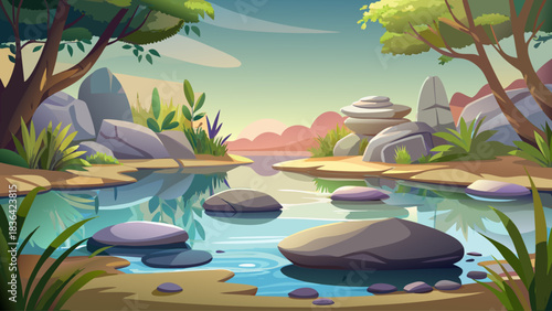 A calm zen-inspired pond surrounded by smooth stones and gentle reflections. Minimalist tranquil atmosphere with soft natural light, perfect for wellness, spa, and meditation-themed visuals