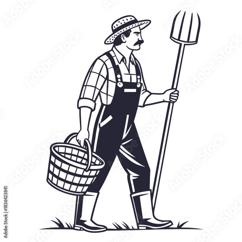 Monochrome farmer wearing a hat walks with a basket and pitchfork over grass