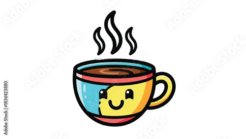 Cute Steaming Coffee Cup Cartoon Illustration.