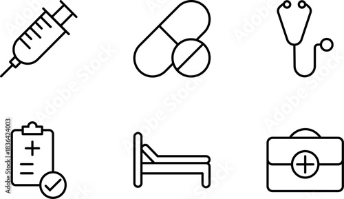Healthcare Icons Set Featuring Syringe, Pills, Stethoscope, Clipboard, Bed and First Aid Kit Illustration
