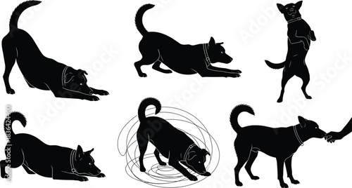 Black dog silhouette collection showing various active and playful poses like stretching, bowing, standing on hind legs, and interacting with owner, isolated vector set.