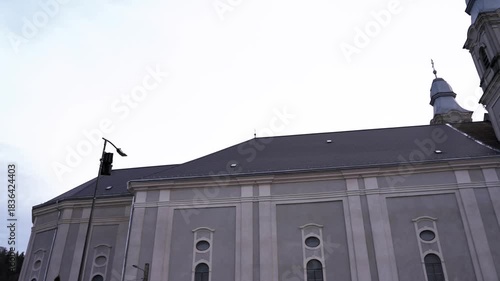 Side view footage of the local  catholic bazilica in Csiksomlyo in hungarian, Sumuleu Ciuc in romanian in Romania.