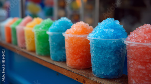 “Vibrant and colorful snow cones displayed for sale at a lively baseball game, capturing the fun and refreshing spirit of a summer day.”