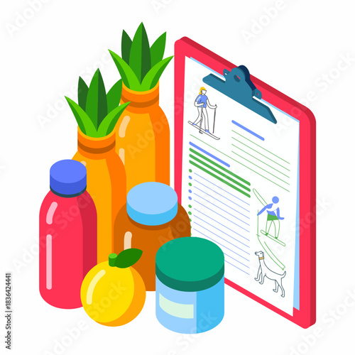 An arrangement of healthy food items, fitness goals, and wellness products symbolizes a commitment to a nutritious lifestyle blended with exercise and well-being aspirations.
